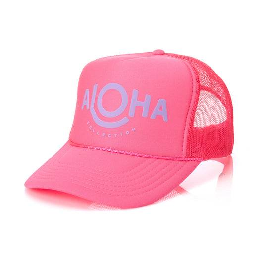 ALOHA Foam Trucker Hat in Lavande on neon Pink