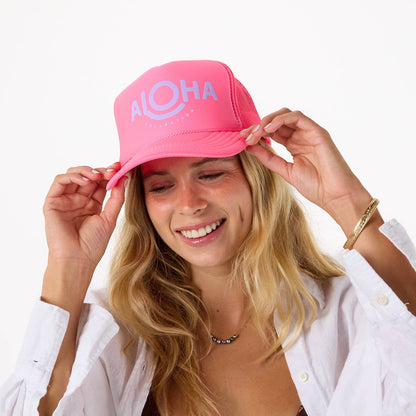 ALOHA Foam Trucker Hat in Lavande on neon Pink