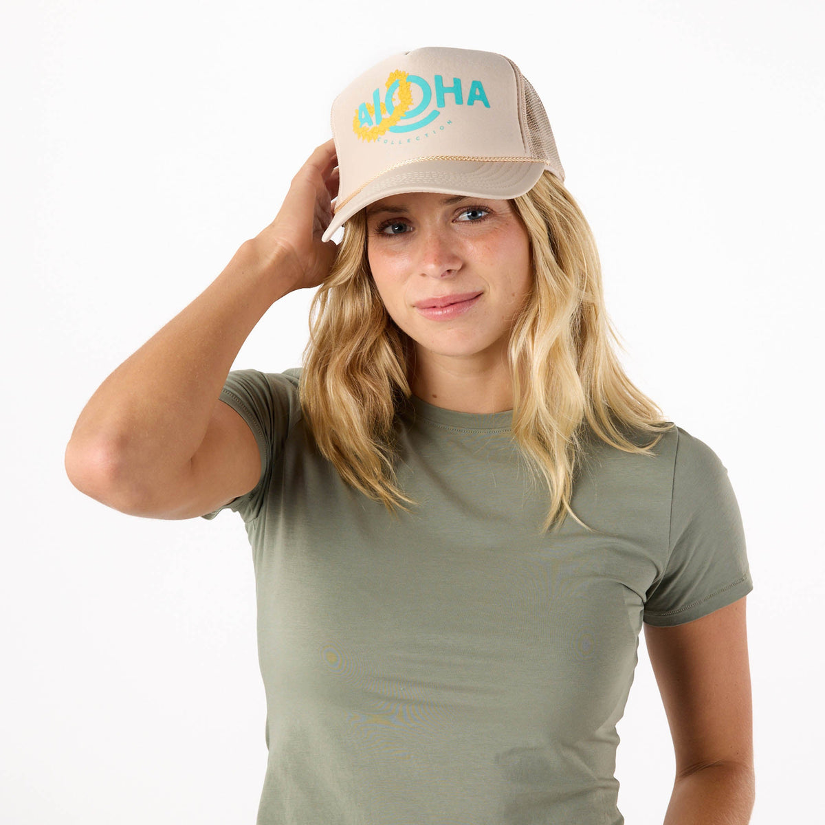 Lei ALOHA Foam Trucker Hat in Sandstone